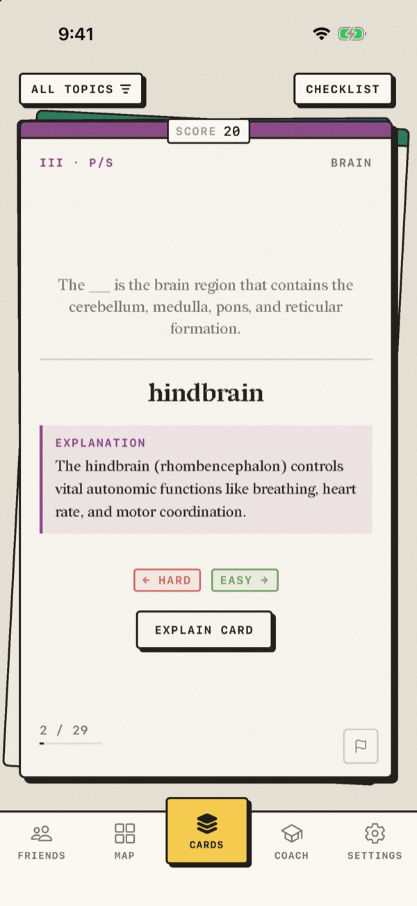 The back of a ScrollCAT flashcard: the answer hindbrain, an explanation, and Hard and Easy buttons